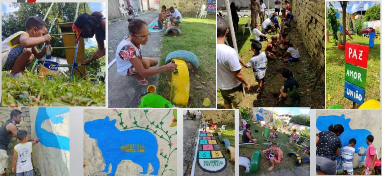 Mosaico de atividades educativas e ambientais realizadas com crianças e moradores